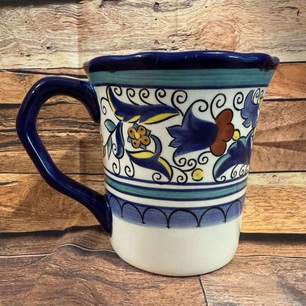 Pier 1 San Marino Coffee Mug Hand Painted Earthenware Blue Floral Flawed Base